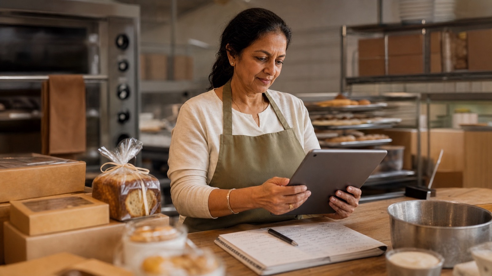 A food business owner checking online orders on a tablet
