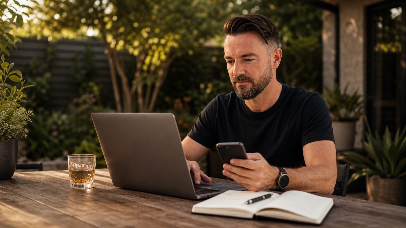 A business owner checking work from a laptop outdoors