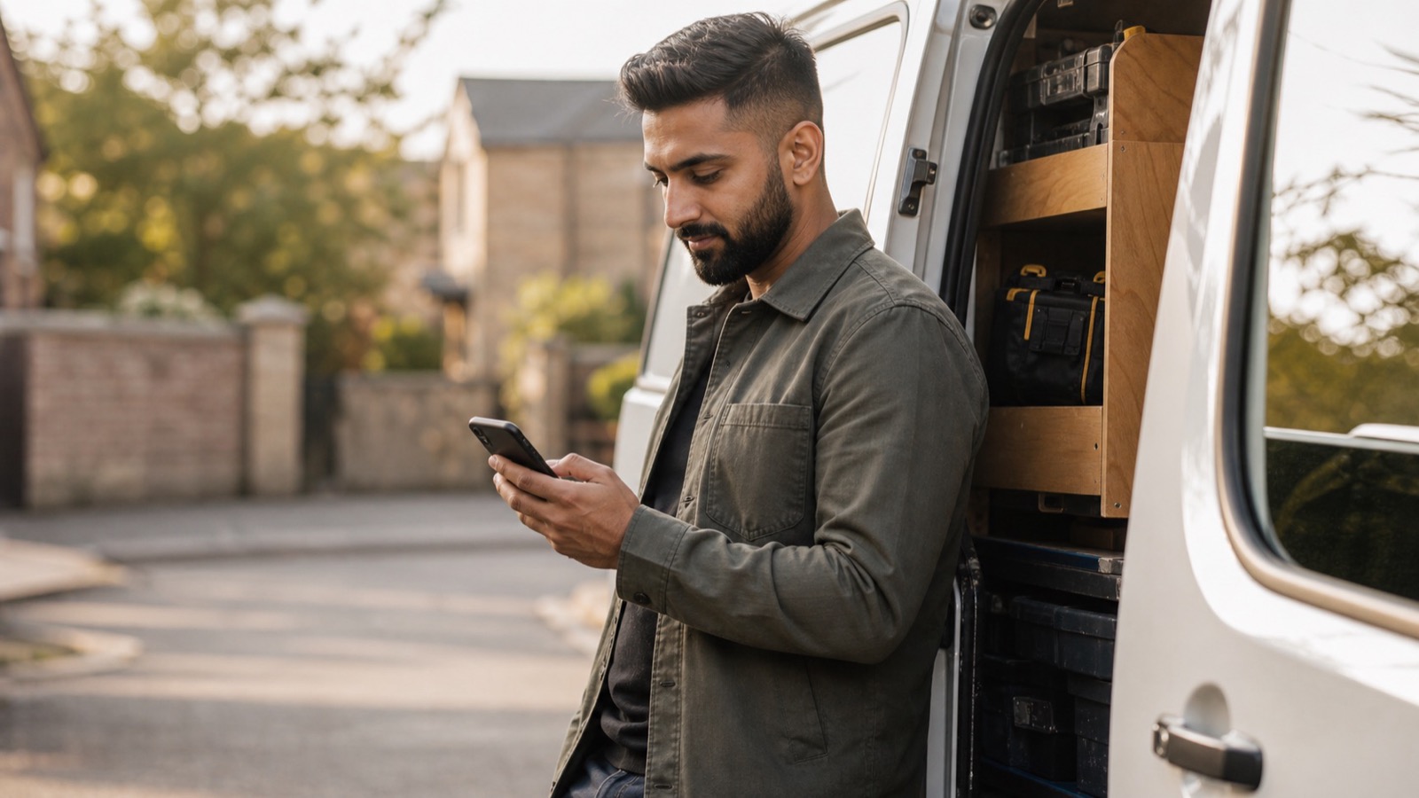 A mobile service business owner checking bookings beside a work van