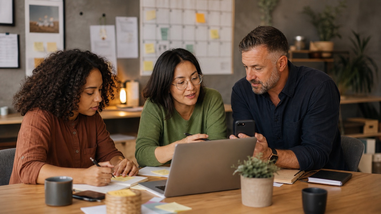A small team planning tasks together around a table